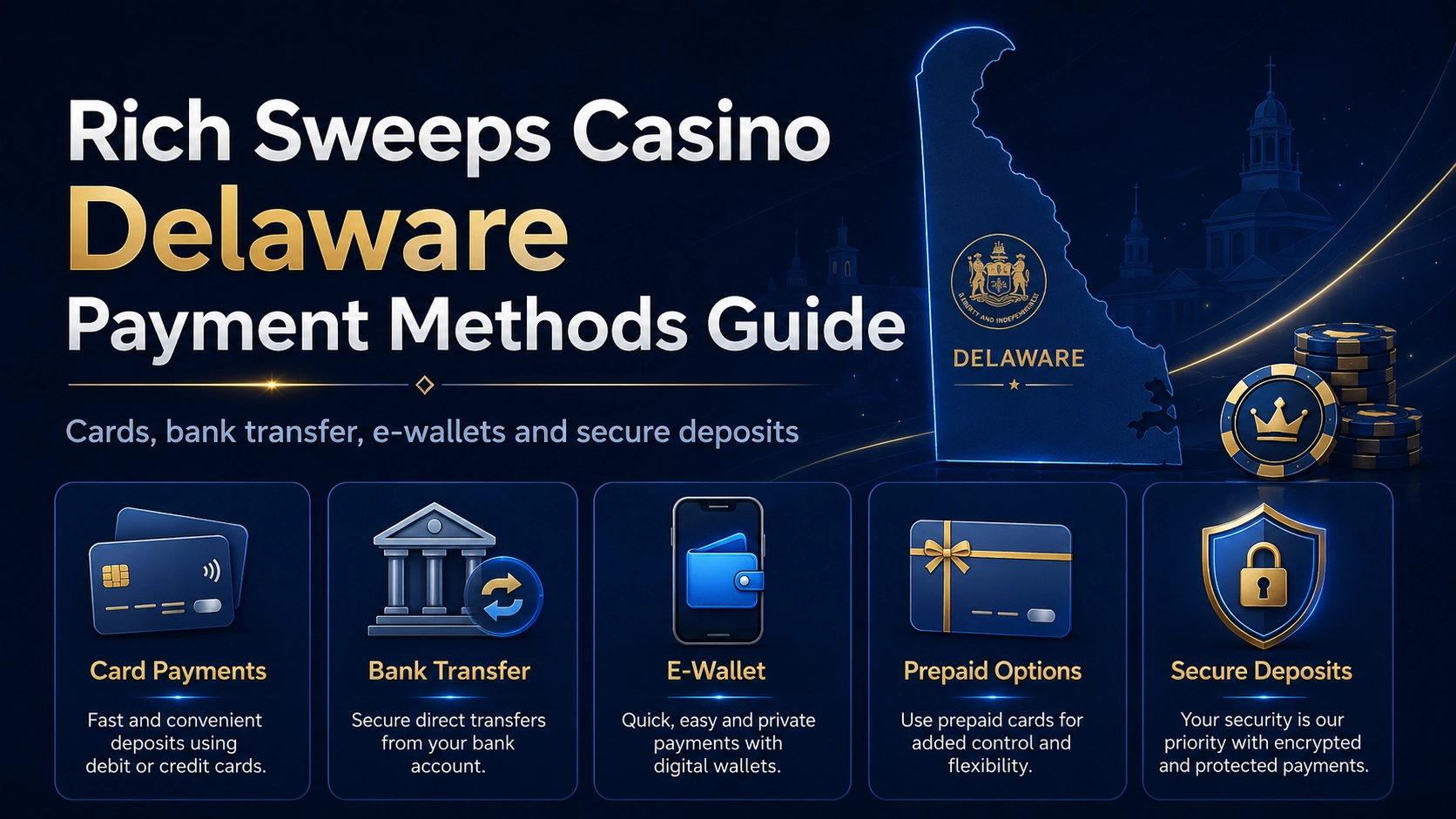 Rich Sweeps Casino Delaware payment methods guide covering cards bank transfer e-wallets prepaid options and secure deposits