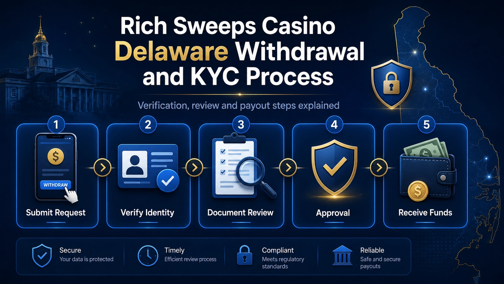 Rich Sweeps Casino Delaware withdrawal and KYC process showing request identity verification document review approval and funds received